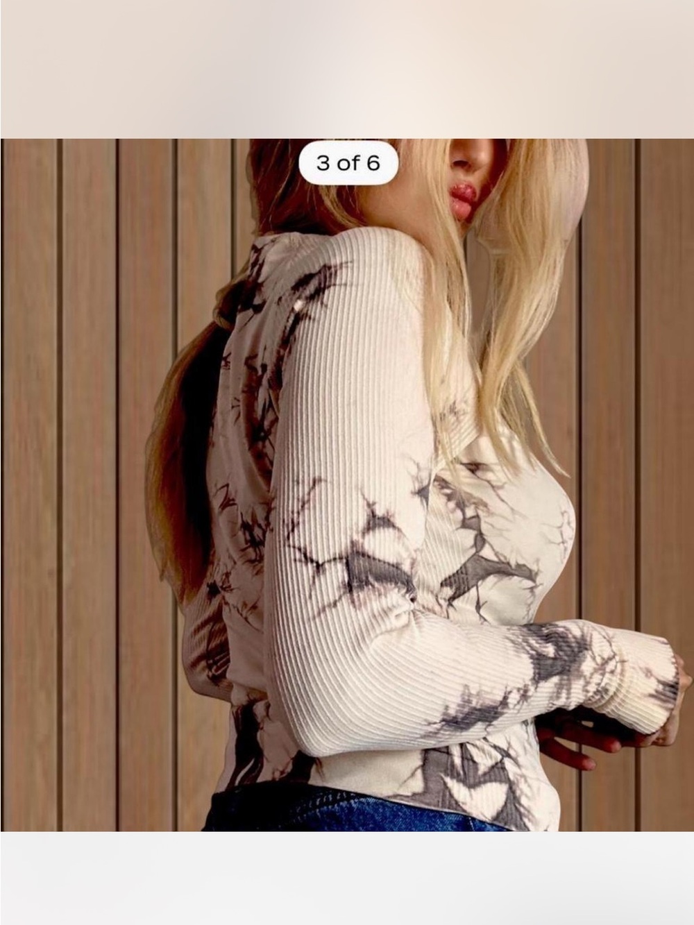 Tie-Dye Ribbed Long Sleeve Top - Cream & Dark Gray